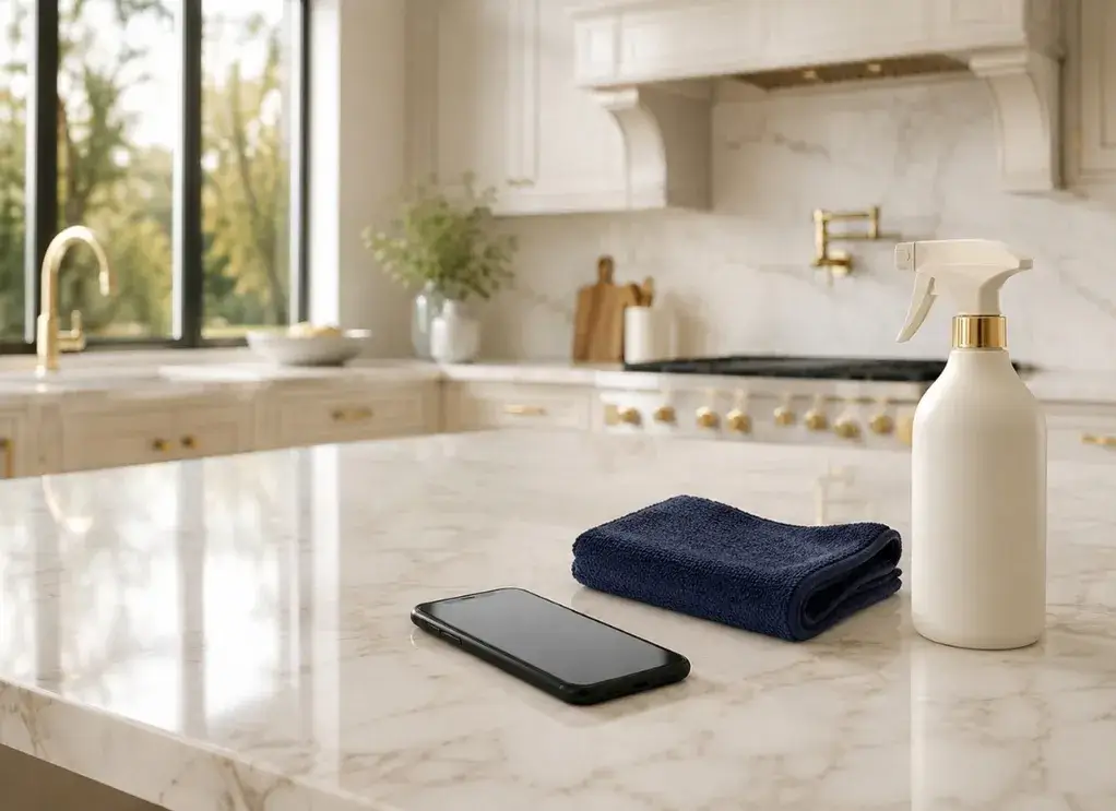 Cleaning supplies and a phone on a kitchen counter, ready for a UP Cleaning Services estimate in Millersville, MD